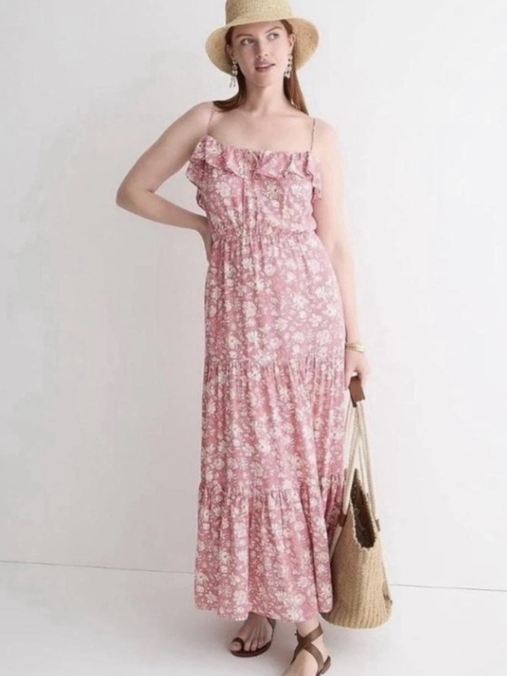 J Crew Pink Floral Tiered
Maxi Dress W/pockets
Size Small